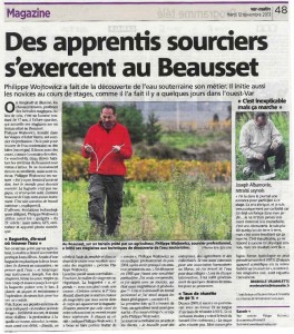 article de presse sur les formation de sourcier animé par Philippe Wojtociwz, expert sourcier dans la commune du Beausset situé dans le département du Var